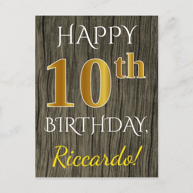 Faux Wood, Faux Gold 10th Birthday + Custom Name Postcard (Front)
