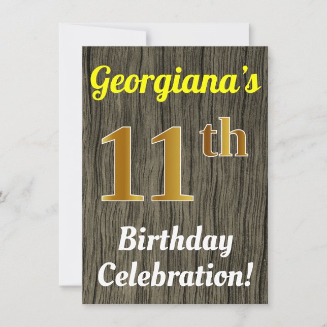 Faux Wood, Faux Gold 11th Birthday Celebration Invitation (Front)