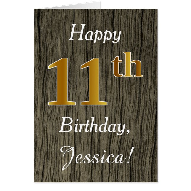 Faux Wood, Faux Gold 11th Birthday + Custom Name (Front)