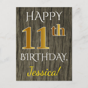 Faux Wood, Faux Gold 11th Birthday + Custom Name Postcard