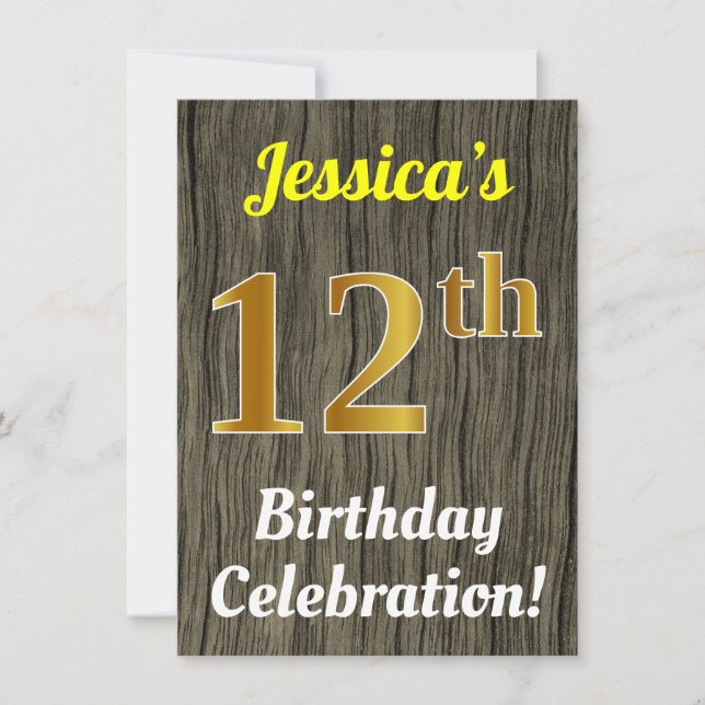 Faux Wood, Faux Gold 12th Birthday Celebration Invitation (Front)