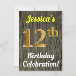 Faux Wood, Faux Gold 12th Birthday Celebration Invitation