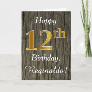 Faux Wood, Faux Gold 12th Birthday + Custom Name Card