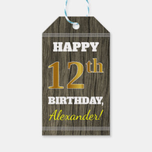 Faux Wood, Faux Gold 12th Birthday + Custom Name Gift Tags