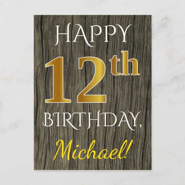 Faux Wood, Faux Gold 12th Birthday + Custom Name Postcard (Front)