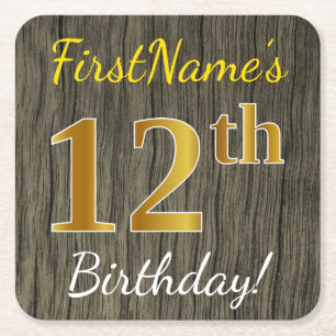 Faux Wood, Faux Gold 12th Birthday + Custom Name Square Paper Coaster