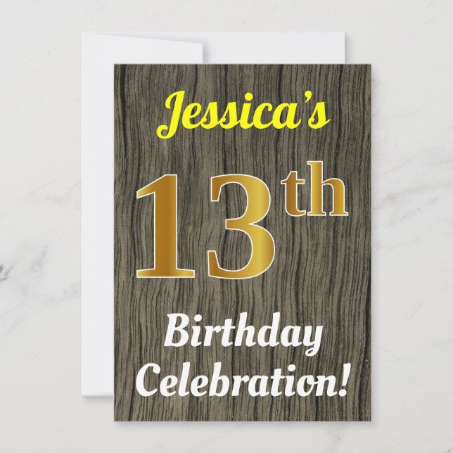 Faux Wood, Faux Gold 13th Birthday Celebration Invitation (Front)