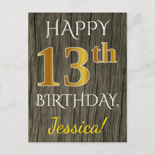 Faux Wood, Faux Gold 13th Birthday + Custom Name Postcard