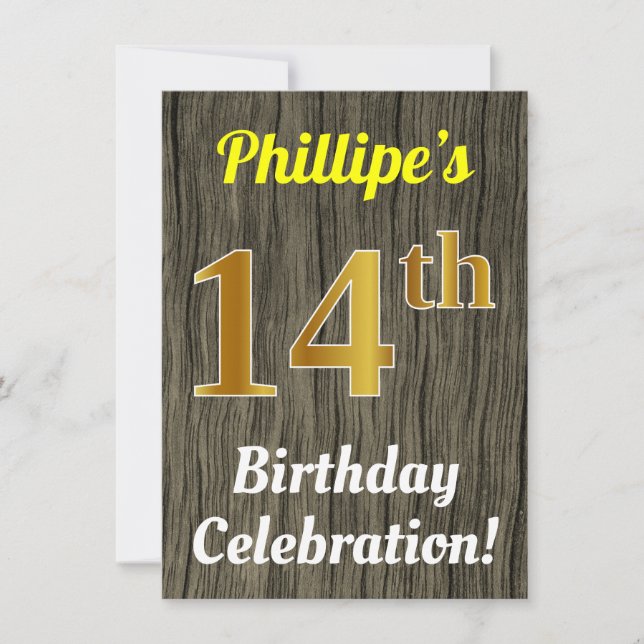 Faux Wood, Faux Gold 14th Birthday Celebration Invitation (Front)