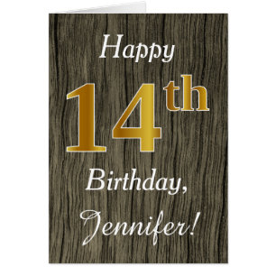 Faux Wood, Faux Gold 14th Birthday + Custom Name