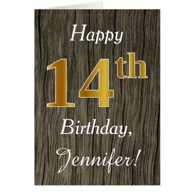 Faux Wood, Faux Gold 14th Birthday + Custom Name (Front)