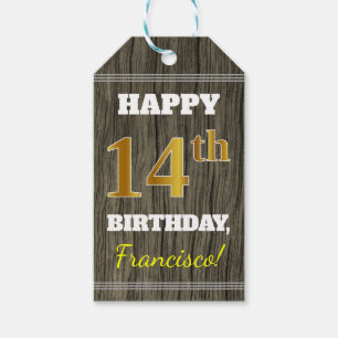 Faux Wood, Faux Gold 14th Birthday + Custom Name Gift Tags