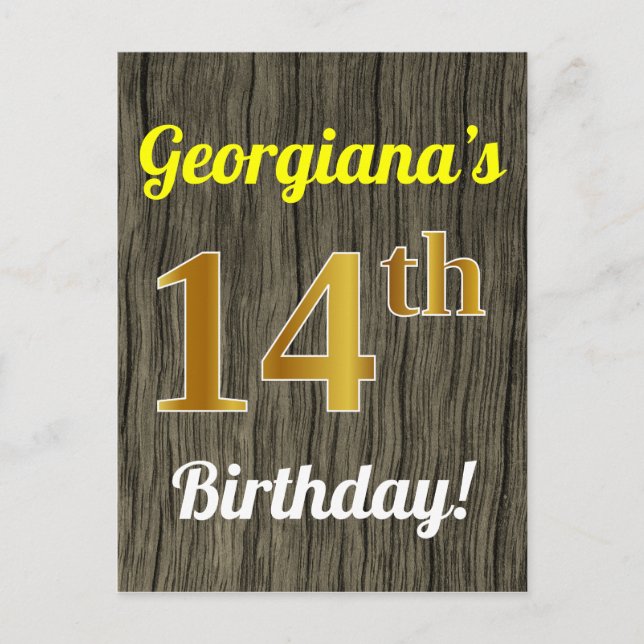 Faux Wood, Faux Gold 14th Birthday & Custom Name Postcard (Front)