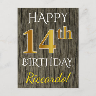 Faux Wood, Faux Gold 14th Birthday + Custom Name Postcard