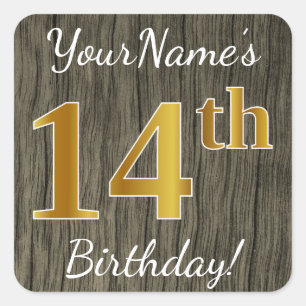 Faux Wood, Faux Gold 14th Birthday + Custom Name Square Sticker