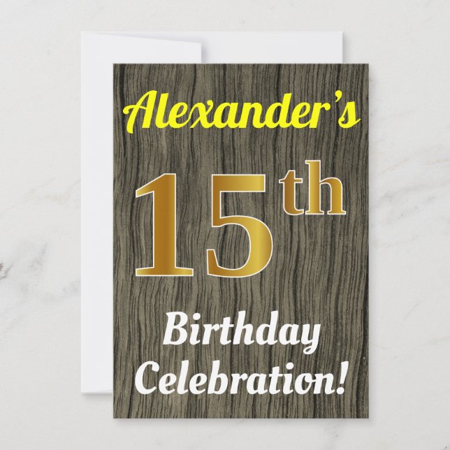 Faux Wood, Faux Gold 15th Birthday Celebration Invitation (Front)