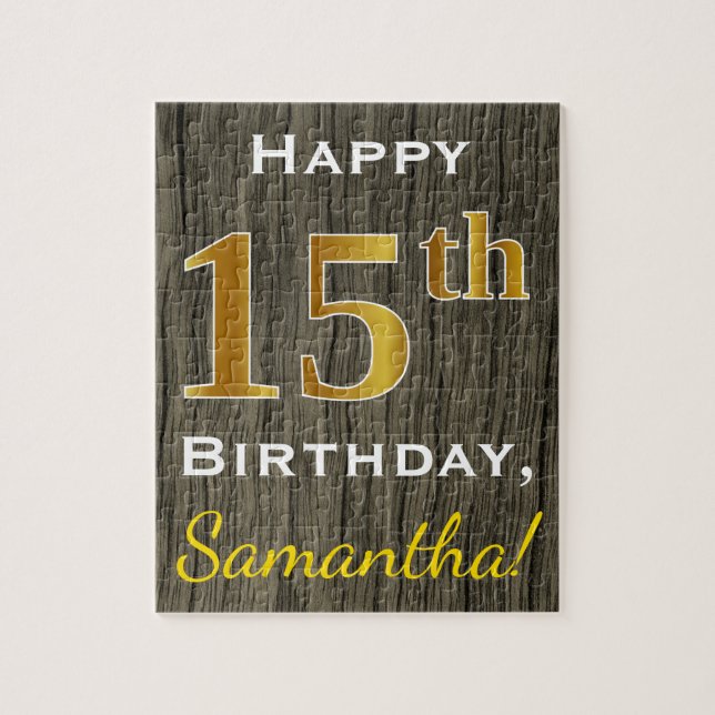 Faux Wood, Faux Gold 15th Birthday + Custom Name Jigsaw Puzzle (Vertical)