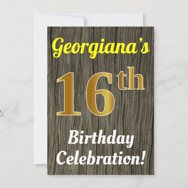 Faux Wood, Faux Gold 16th Birthday Celebration Invitation (Front)