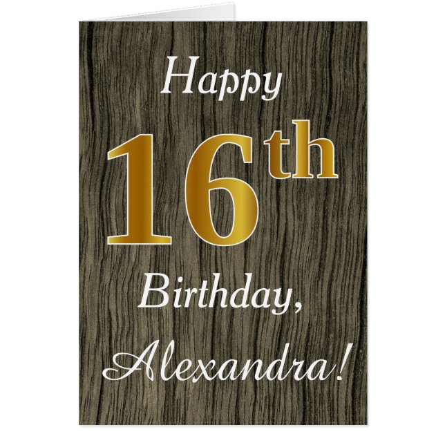 Faux Wood, Faux Gold 16th Birthday + Custom Name (Front)