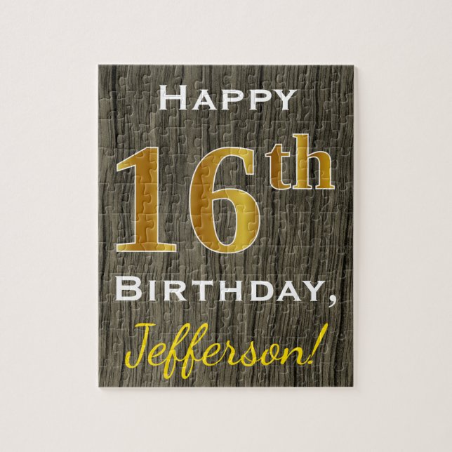 Faux Wood, Faux Gold 16th Birthday + Custom Name Jigsaw Puzzle (Vertical)