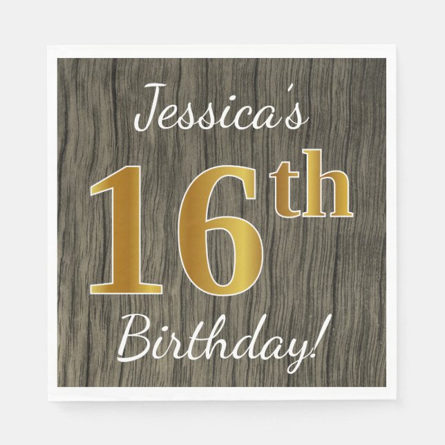 Faux Wood, Faux Gold 16th Birthday + Custom Name Napkin (Front)