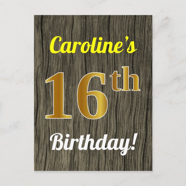 Faux Wood, Faux Gold 16th Birthday & Custom Name Postcard (Front)