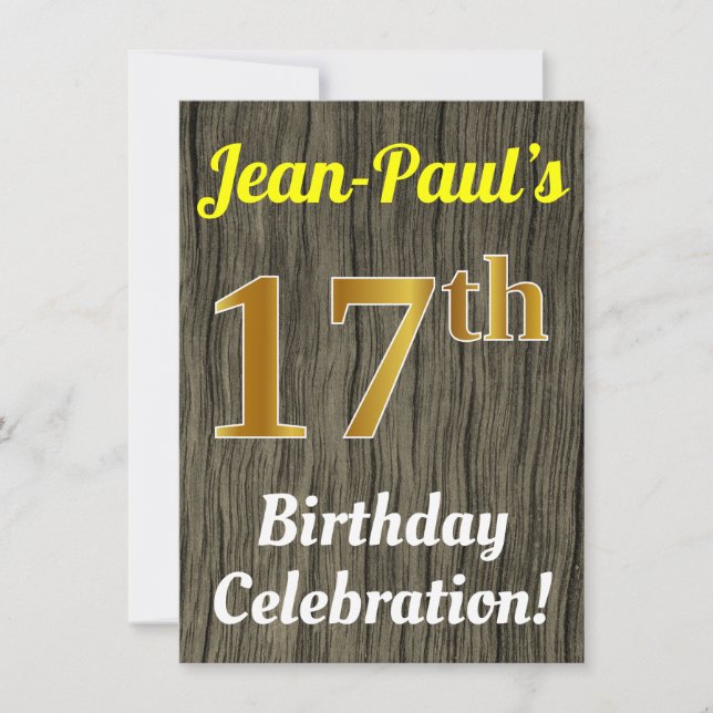 Faux Wood, Faux Gold 17th Birthday Celebration Invitation (Front)