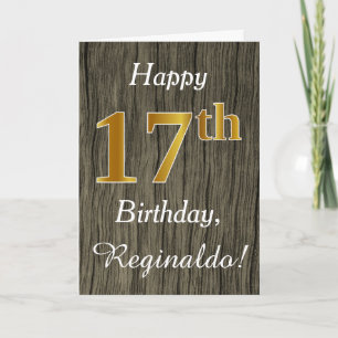 Faux Wood, Faux Gold 17th Birthday + Custom Name Card