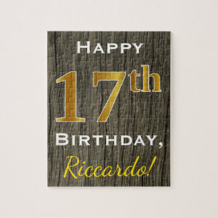 Faux Wood, Faux Gold 17th Birthday + Custom Name Jigsaw Puzzle