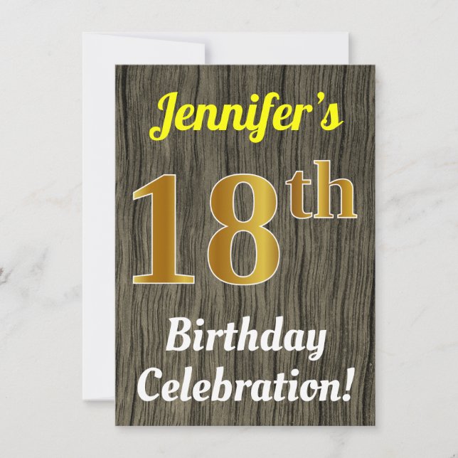Faux Wood, Faux Gold 18th Birthday Celebration Invitation (Front)