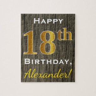 Faux Wood, Faux Gold 18th Birthday + Custom Name Jigsaw Puzzle