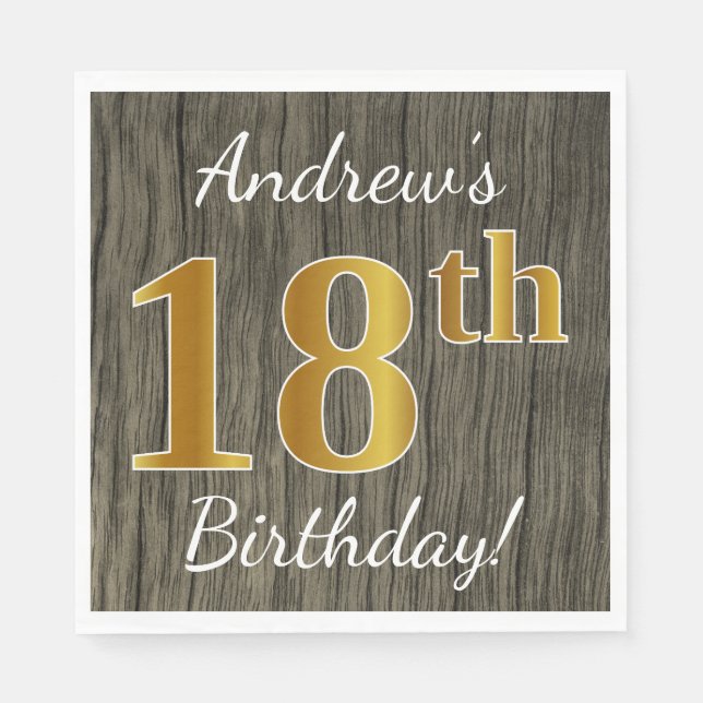 Faux Wood, Faux Gold 18th Birthday + Custom Name Napkin (Front)