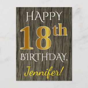 Faux Wood, Faux Gold 18th Birthday + Custom Name Postcard