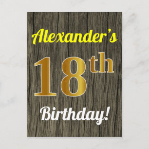 Faux Wood, Faux Gold 18th Birthday & Custom Name Postcard