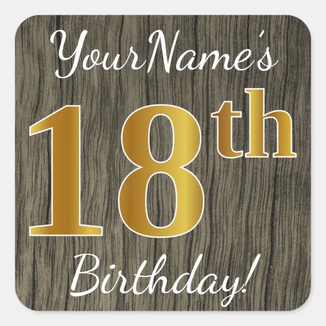 Faux Wood, Faux Gold 18th Birthday + Custom Name Square Sticker (Front)