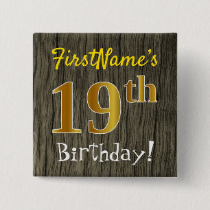 Faux Wood, Faux Gold 19th Birthday + Custom Name 15 Cm Square Badge