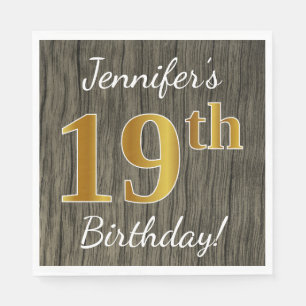 Faux Wood, Faux Gold 19th Birthday + Custom Name Napkin