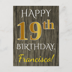 Faux Wood, Faux Gold 19th Birthday + Custom Name Postcard