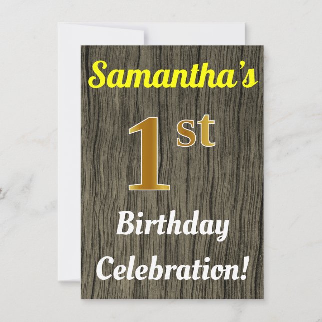 Faux Wood, Faux Gold 1st Birthday Celebration Invitation (Front)