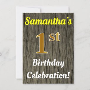 Faux Wood, Faux Gold 1st Birthday Celebration Invitation