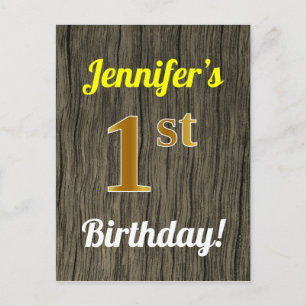 Faux Wood, Faux Gold 1st Birthday & Custom Name Postcard