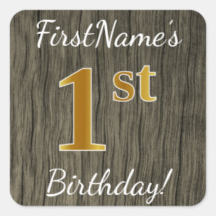 Faux Wood, Faux Gold 1st Birthday + Custom Name Square Sticker