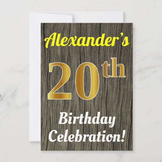 Faux Wood, Faux Gold 20th Birthday Celebration Invitation (Front)