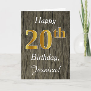 Faux Wood, Faux Gold 20th Birthday + Custom Name Card