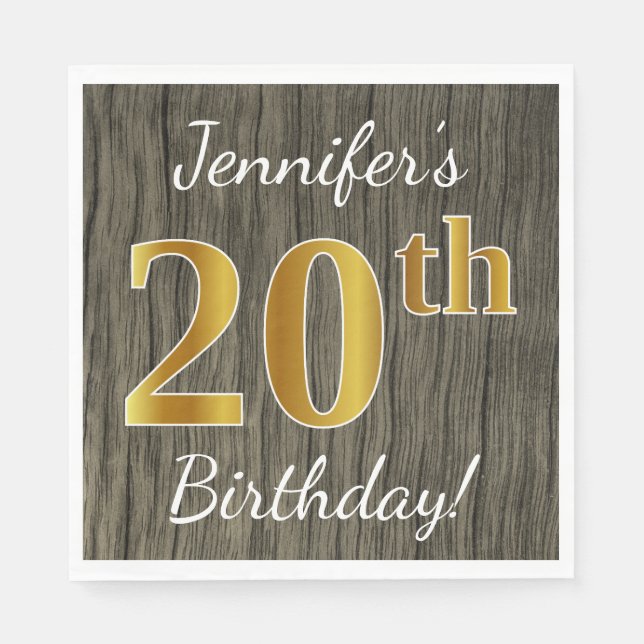 Faux Wood, Faux Gold 20th Birthday + Custom Name Napkin (Front)