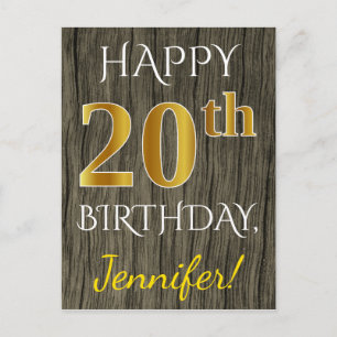Faux Wood, Faux Gold 20th Birthday + Custom Name Postcard