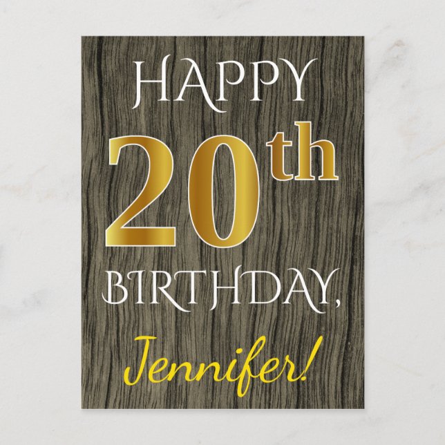 Faux Wood, Faux Gold 20th Birthday + Custom Name Postcard (Front)
