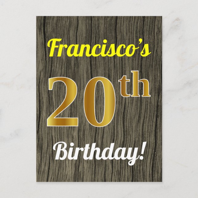 Faux Wood, Faux Gold 20th Birthday & Custom Name Postcard (Front)