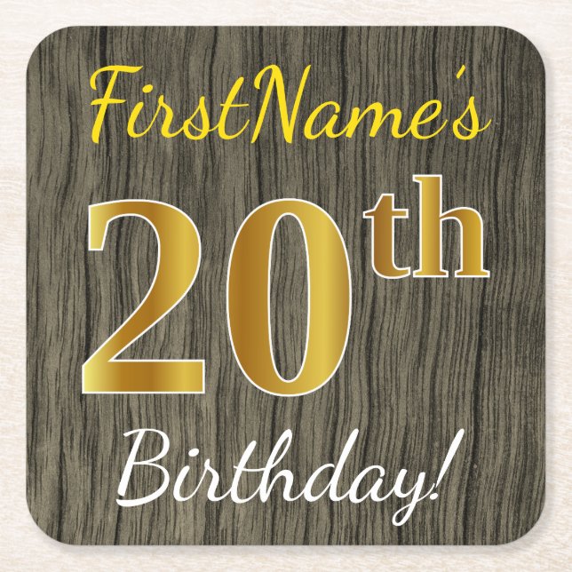 Faux Wood, Faux Gold 20th Birthday + Custom Name Square Paper Coaster (Front)