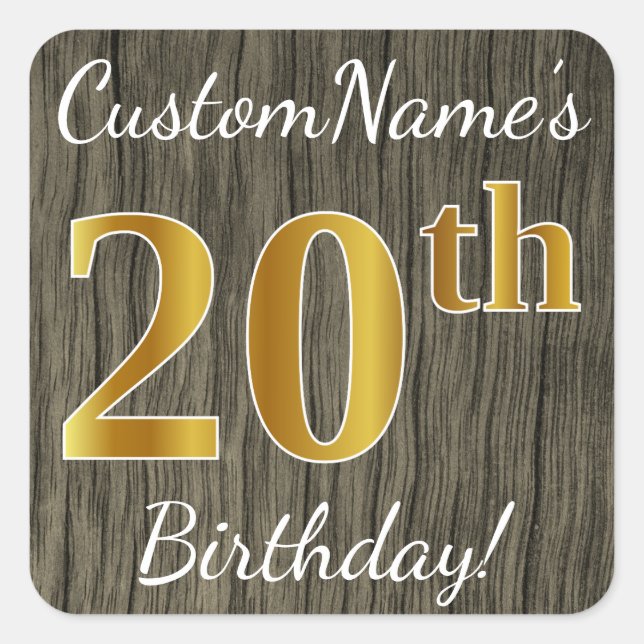 Faux Wood, Faux Gold 20th Birthday + Custom Name Square Sticker (Front)